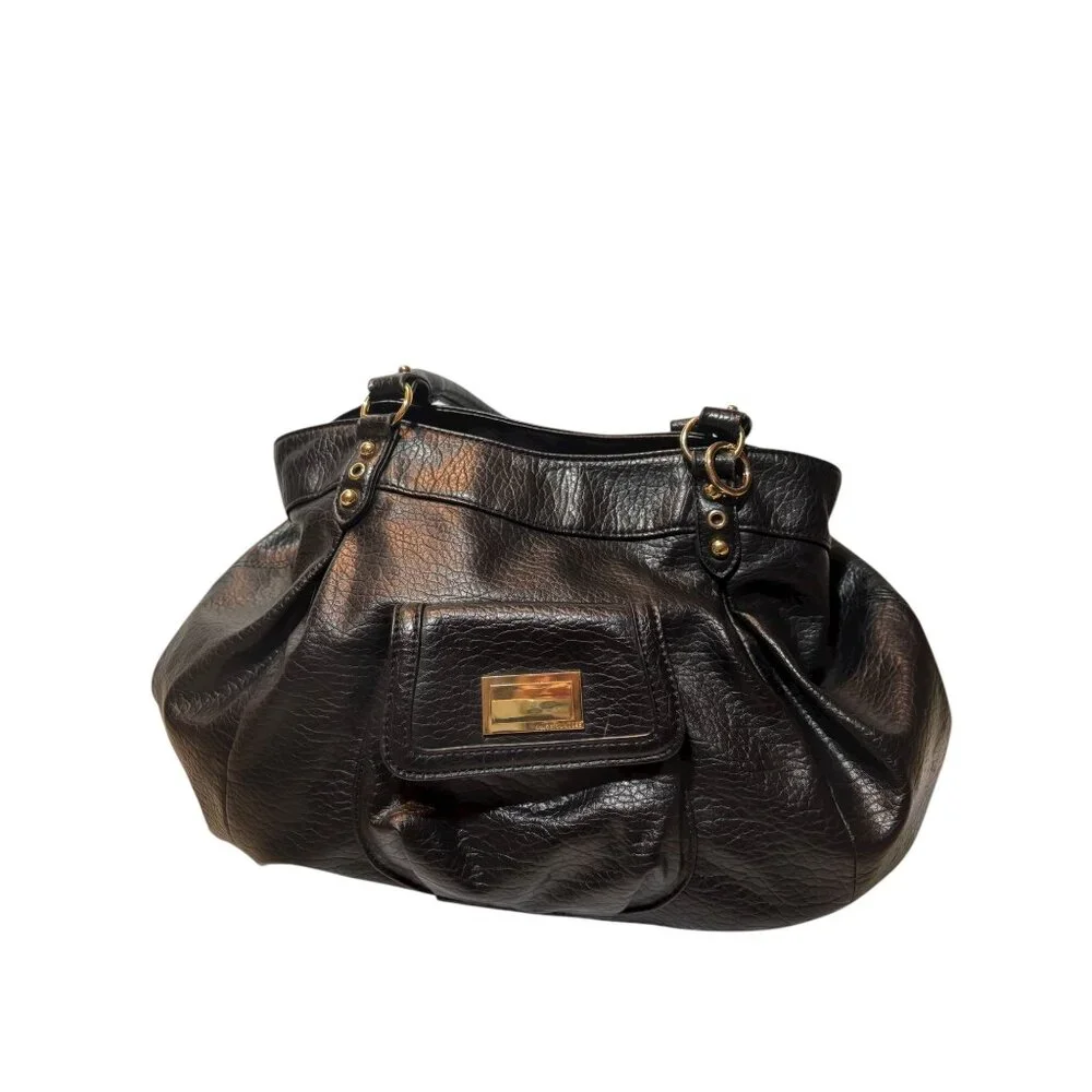 Juicy Couture Black Pebble Faux Leather Tote Bag With Gold Hardware & Front Pock